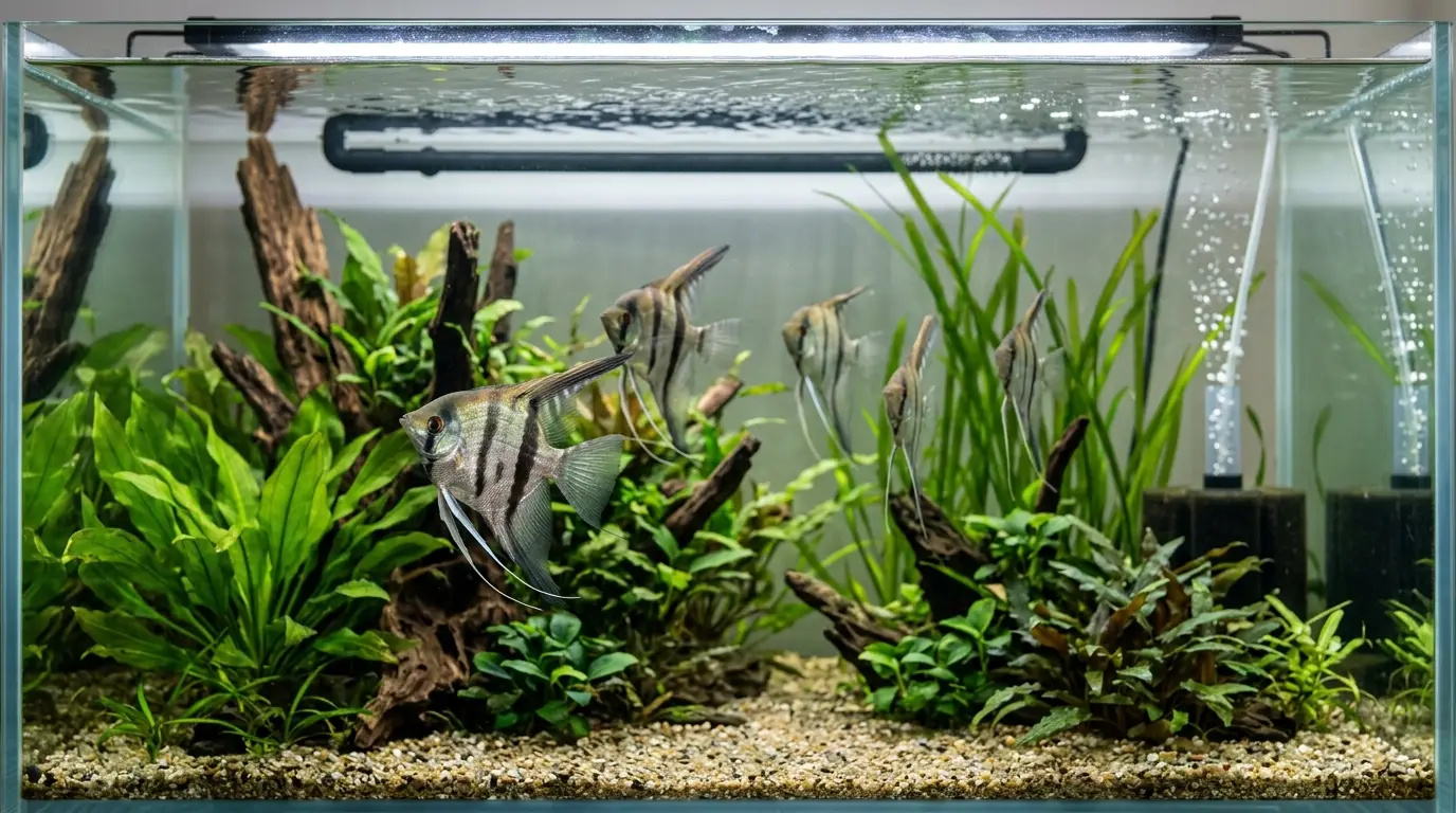 Angelfish swimming peacefully in a planted aquarium with gentle filtration, spray-bar circulation, and calm water movement.