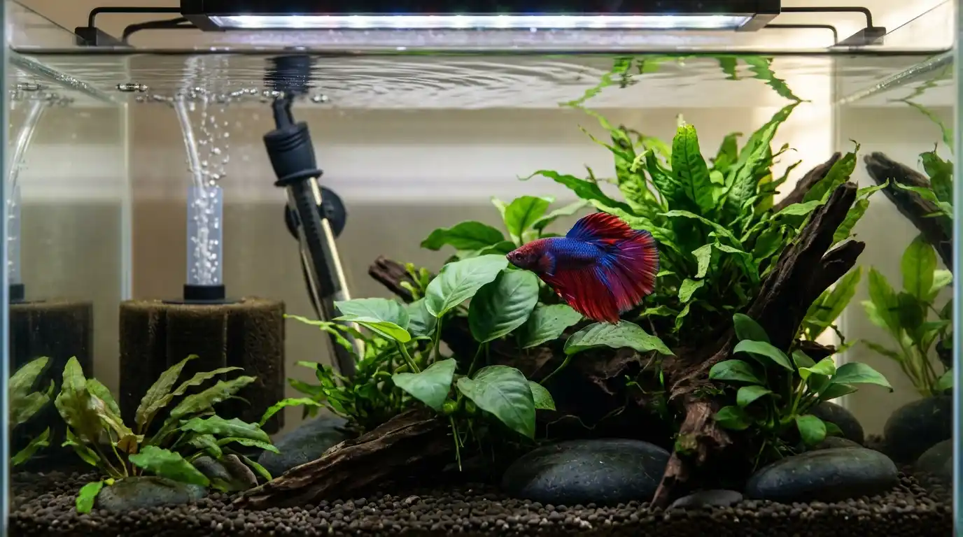 Betta swimming calmly in a planted aquarium with gentle sponge filtration and minimal water movement.