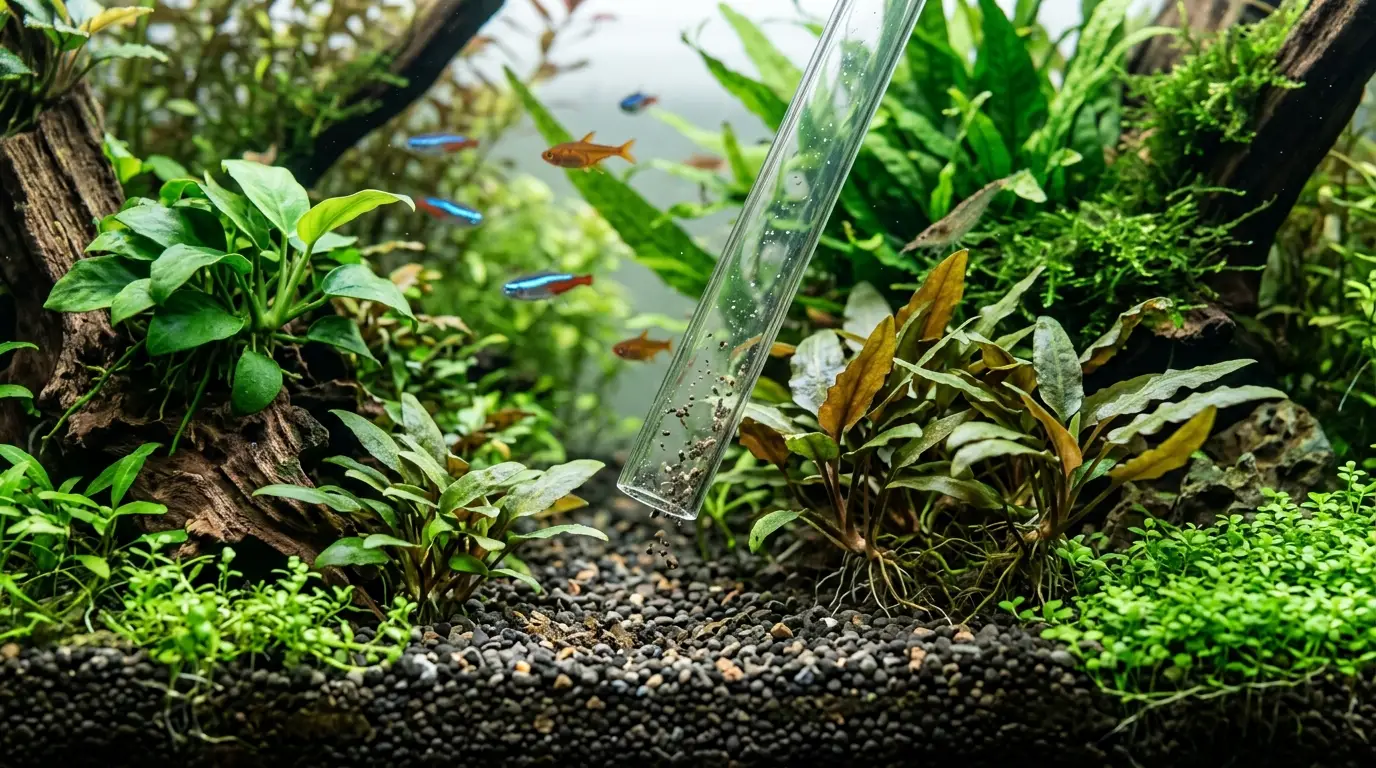 A planted aquarium being gently vacuumed around open gravel areas while rooted aquatic plants remain undisturbed.