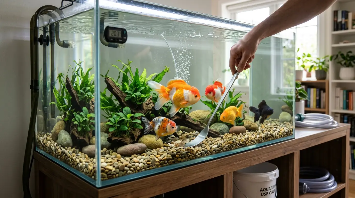 Healthy goldfish in a clean aquarium during routine maintenance with clear water, strong filtration, plants, and safe decor