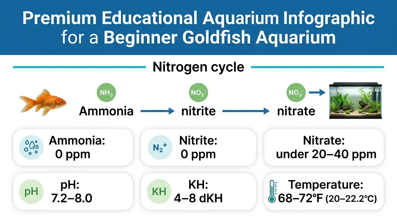 Educational aquarium water chemistry graphic showing ammonia, nitrite, nitrate, pH, KH, and temperature targets for goldfish care