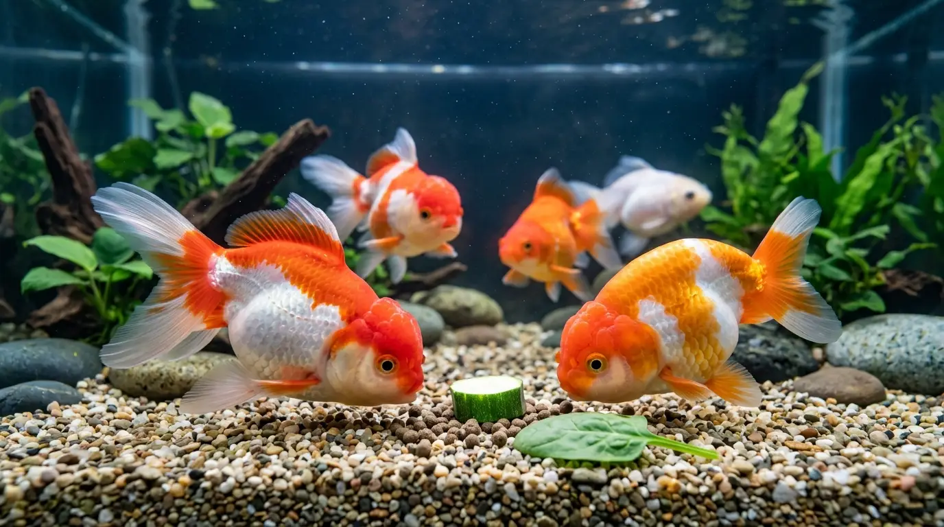 Healthy fancy goldfish eating sinking pellets and vegetable food in a clean planted aquarium.