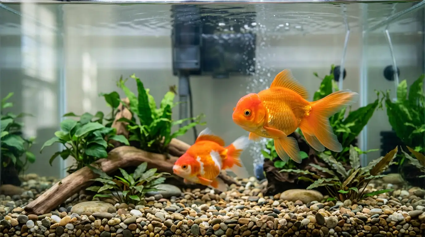Goldfish being carefully observed in a clean aquarium for signs of healthy breathing, posture, fins, and body condition.