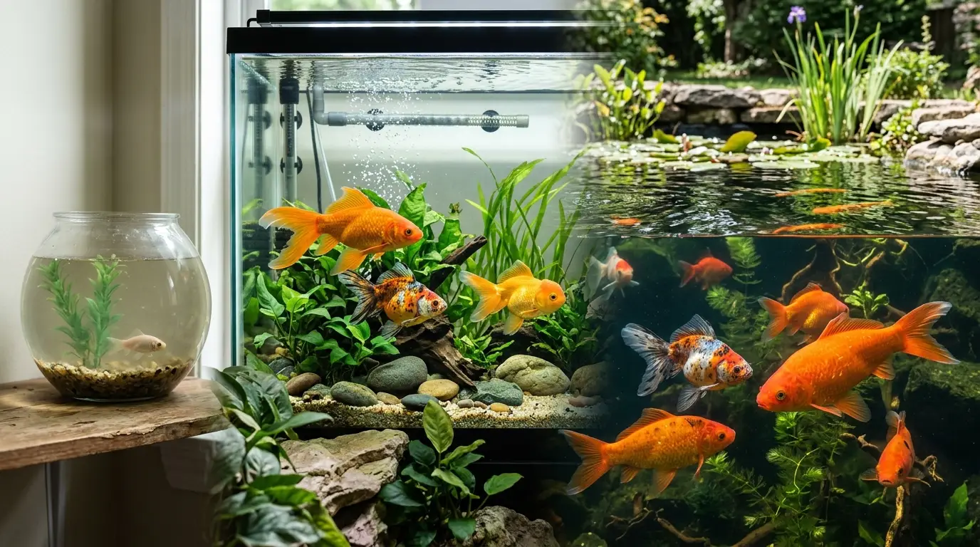 Comparison-style realistic aquarium scene showing goldfish thriving in a small tank, spacious aquarium, and large pond environment.