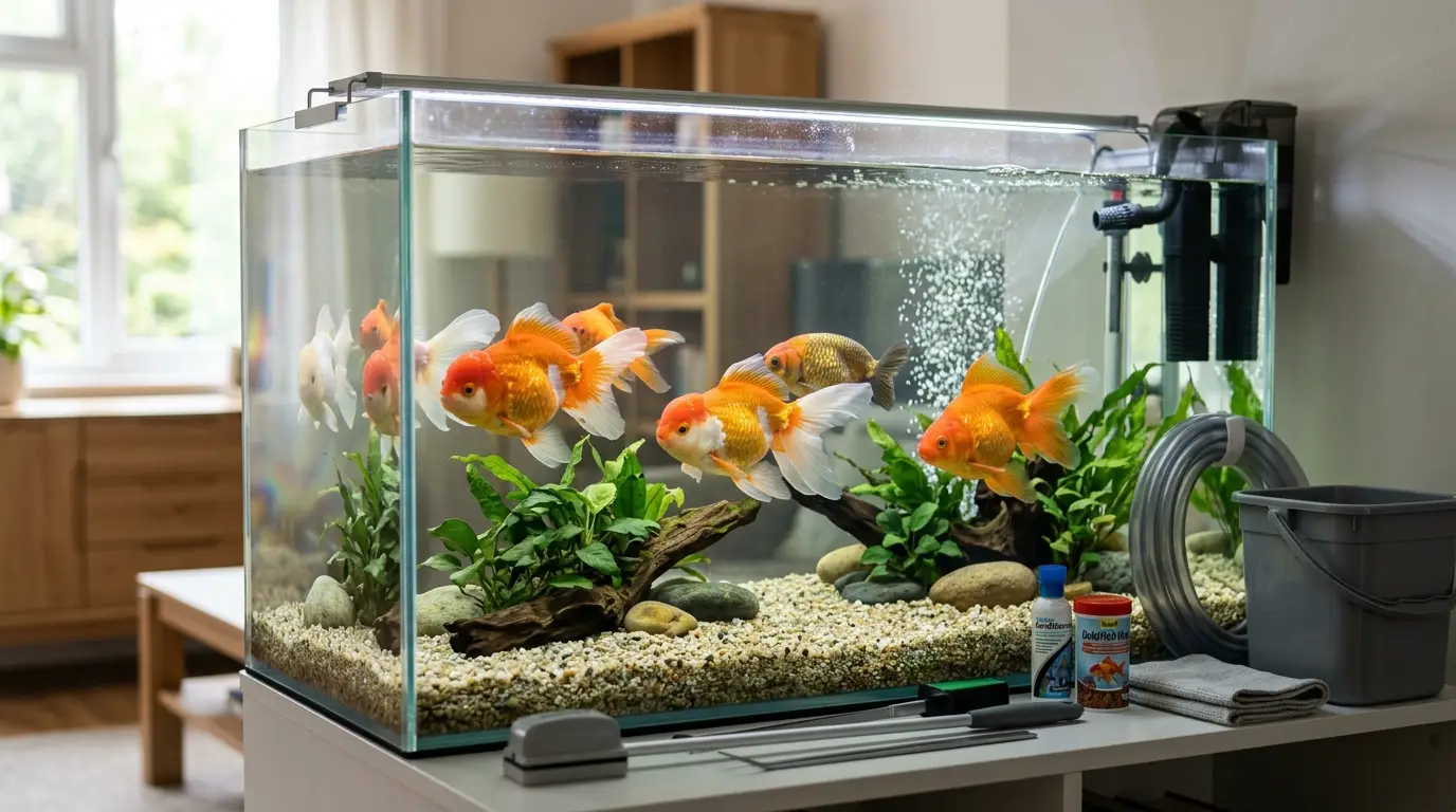 A well-maintained goldfish aquarium with powerful filtration, clean water, aquatic plants, and healthy fish.