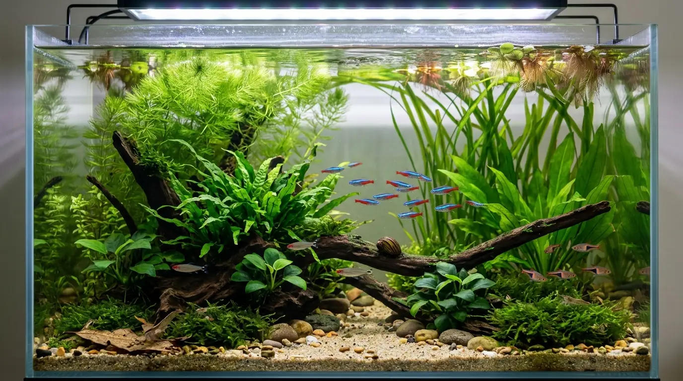 Clear healthy freshwater aquarium after natural green algae control with lush plants and healthy fish