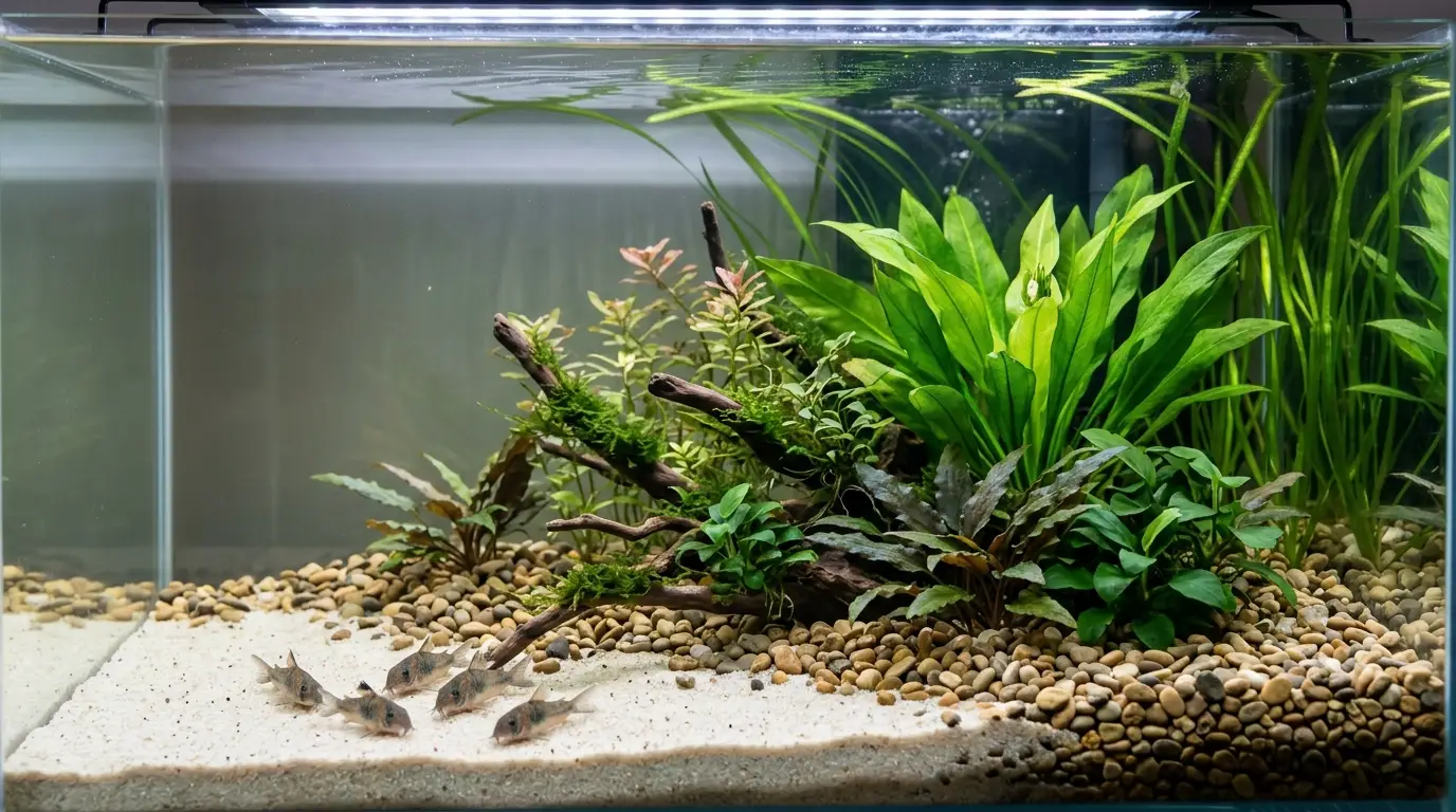 A lush planted freshwater aquarium demonstrating healthy plant growth in inert sand and gravel supported by root nutrition.