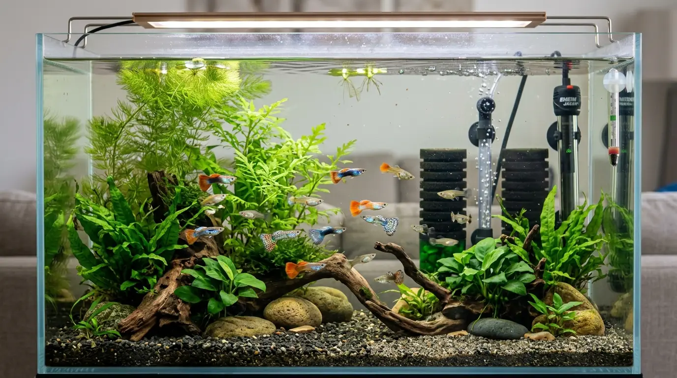 A healthy planted guppy aquarium during the cycling and water management process with stable filtration, heater, plants, and clear water.