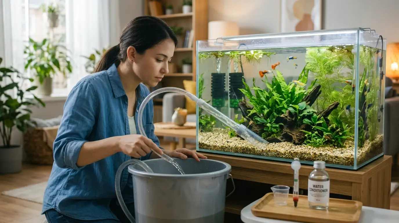 A clean planted guppy aquarium being maintained with a siphon, water-change bucket, thermometer, and healthy fish visible in the background.
