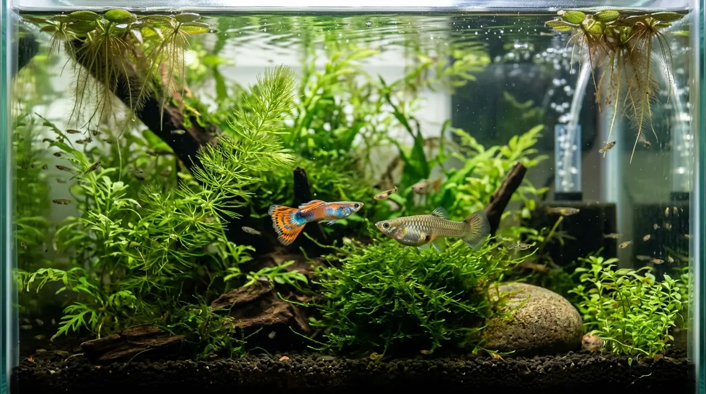 A heavily planted guppy breeding aquarium with adult guppies and tiny fry hiding among dense aquatic plants.