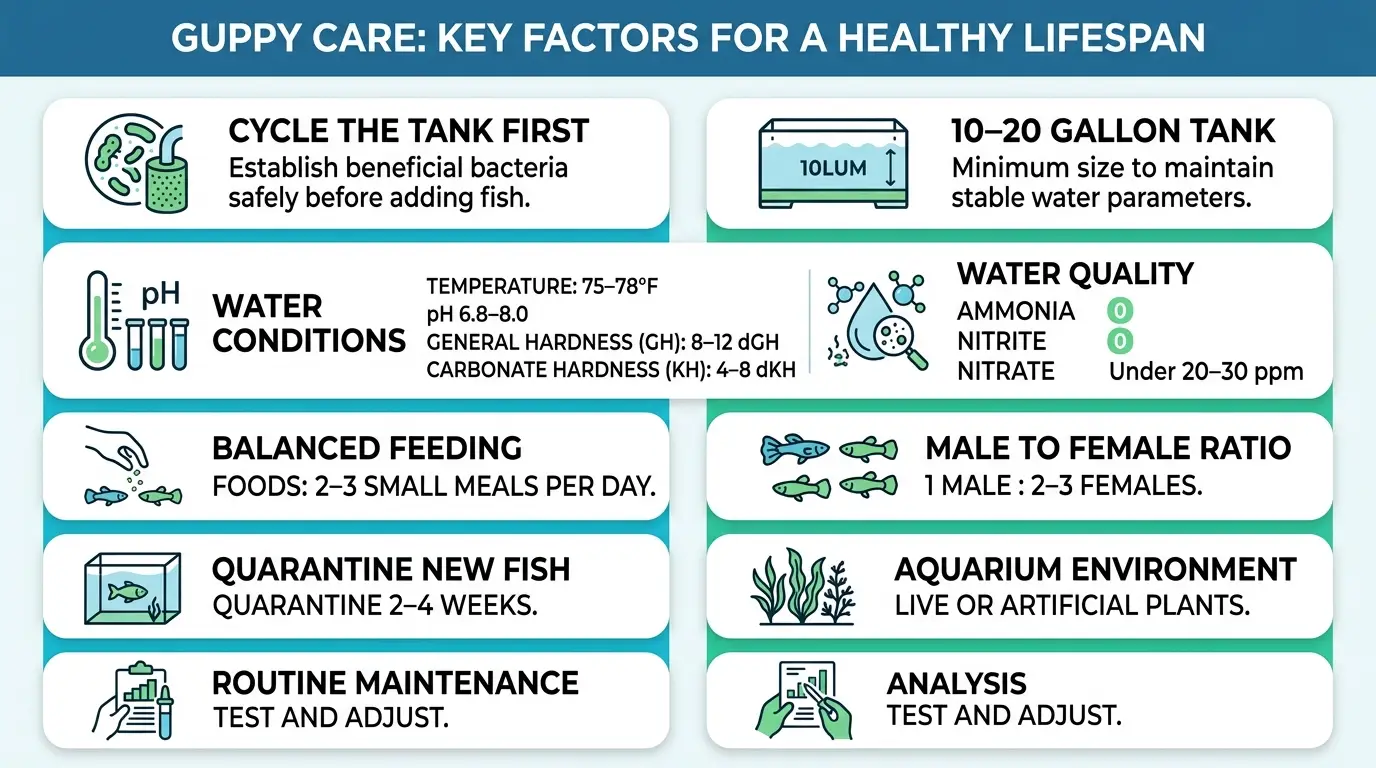 Visual care plan showing a healthy guppy aquarium setup with stable water, plants, food, and quarantine equipment