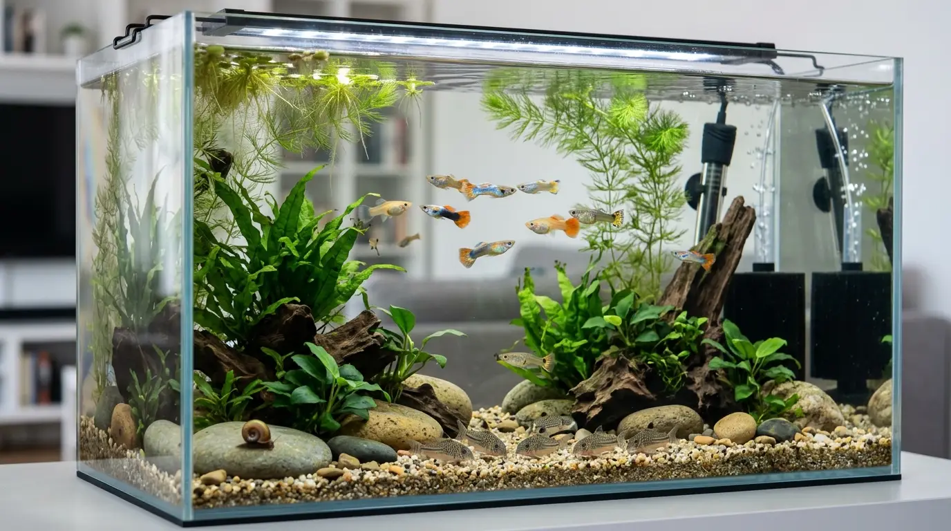 A peaceful planted freshwater community aquarium with guppies, pygmy corydoras, and a small cleanup snail.