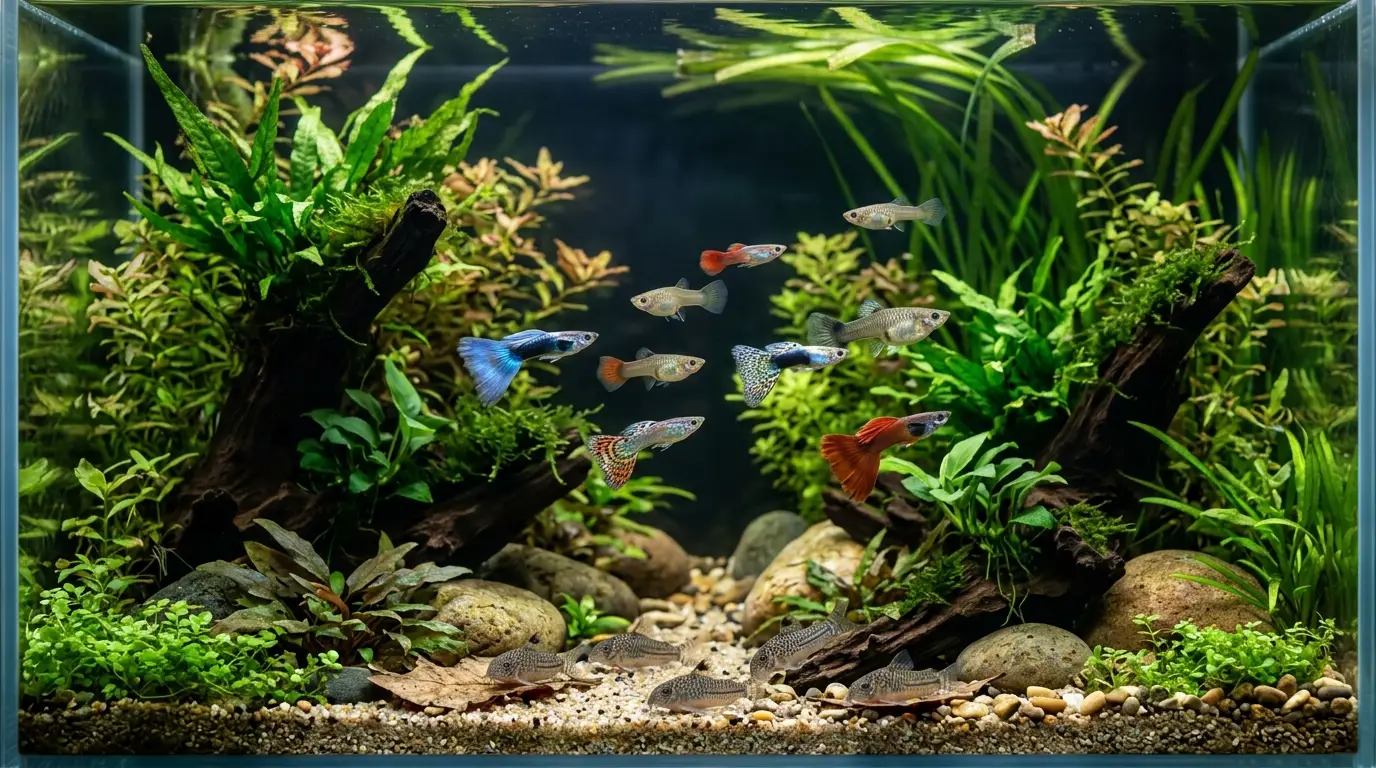 Peaceful guppies swimming with plants and hiding spaces in a low-stress aquarium