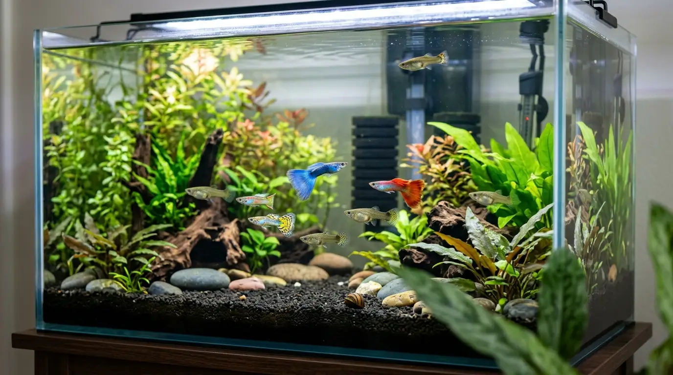 Guppies swimming comfortably in a spacious planted aquarium with natural hiding areas