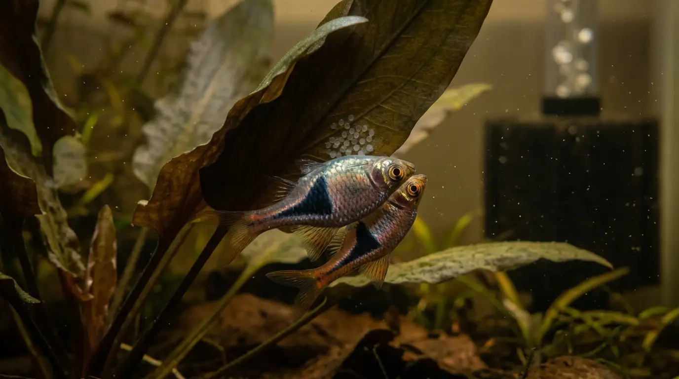 Harlequin rasbora pair spawning beneath a broad aquatic plant leaf in a dim breeding aquarium