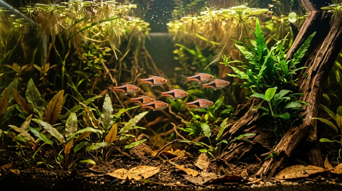 Harlequin rasboras swimming among shaded plants and leaf litter in soft slightly acidic aquarium water