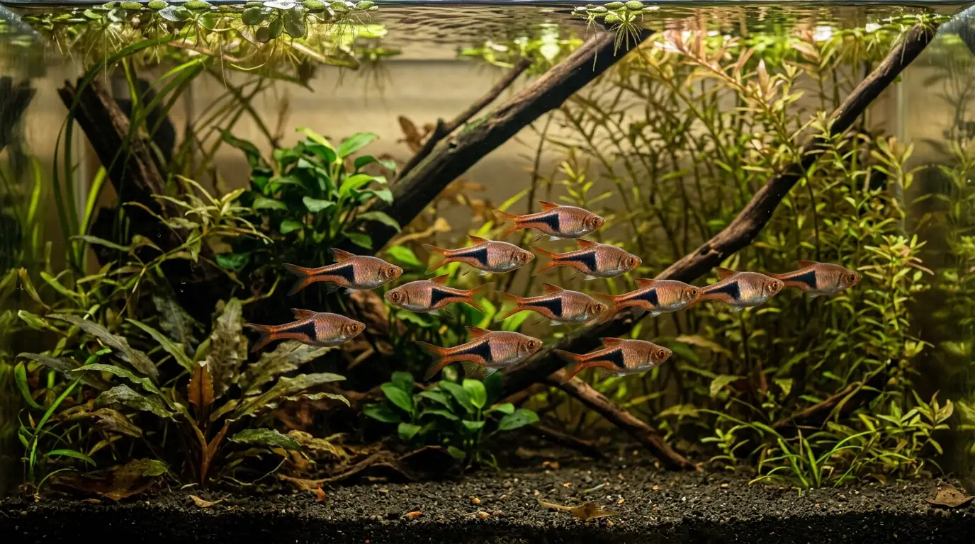 Harlequin rasboras forming a tight school in the middle of a shaded planted aquarium