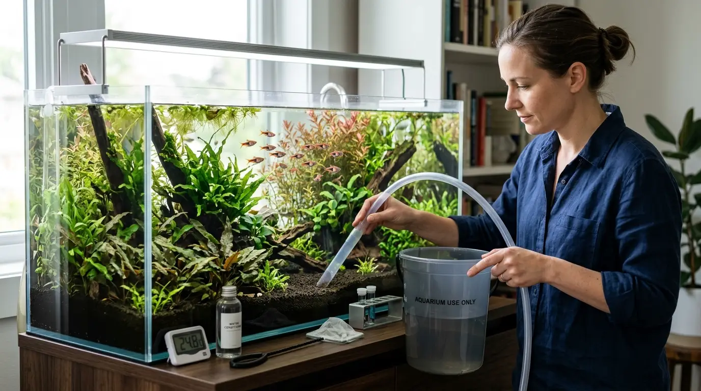 Aquarium keeper performing a gentle weekly water change and maintenance routine on a planted harlequin rasbora tank
