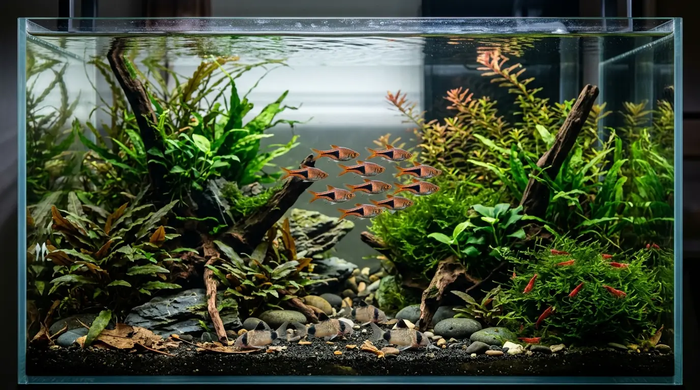 Harlequin rasboras schooling with corydoras and peaceful shrimp in a planted community aquarium
