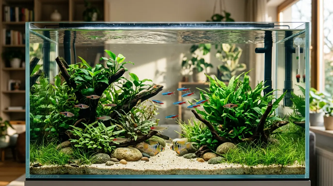 A crystal-clear planted freshwater aquarium with healthy fish thriving after consistent, careful water maintenance.