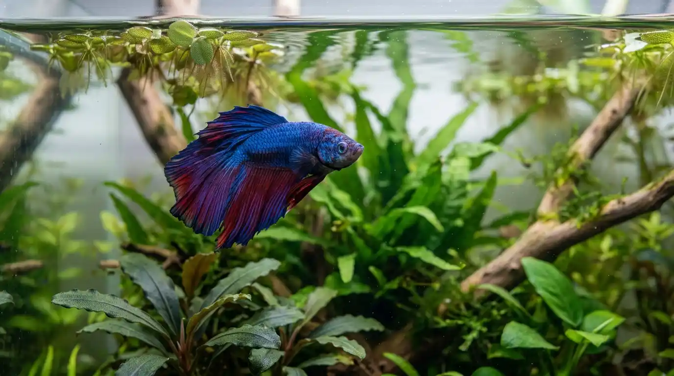 Healthy betta displaying clear eyes, intact fins, bright coloration, and normal body condition.