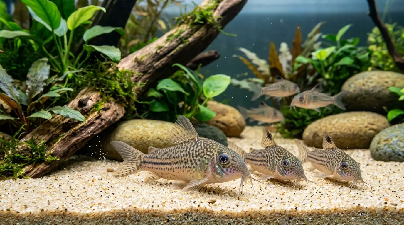 Healthy Corydoras catfish with intact barbels and fins resting and foraging on clean sand