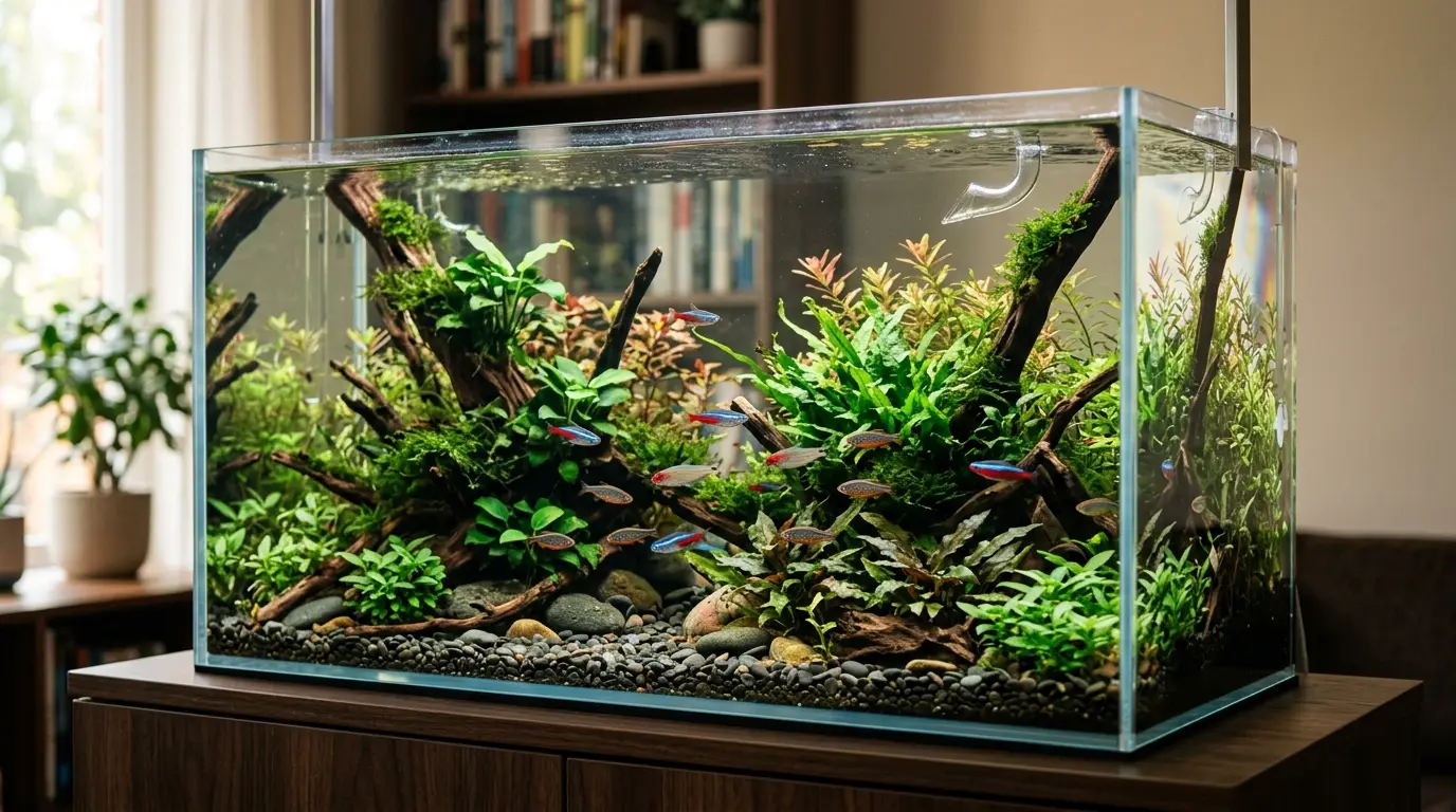 Mature cycled freshwater aquarium with healthy fish, plants, stable filtration and clear water