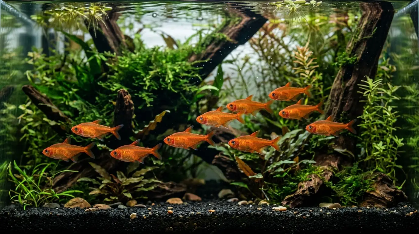 Bright healthy ember tetras schooling with open fins in a clean planted freshwater aquarium