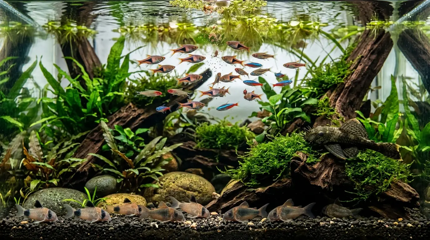 Healthy aquarium fish feeding calmly after a short fast in a mature planted freshwater aquarium.