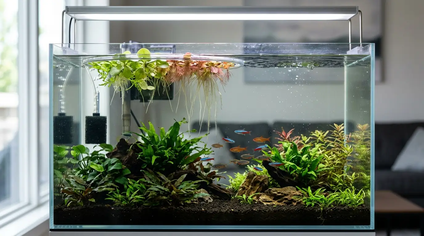 A well-maintained freshwater aquarium with controlled floating plant coverage, gentle surface flow, healthy roots, and clear water.
