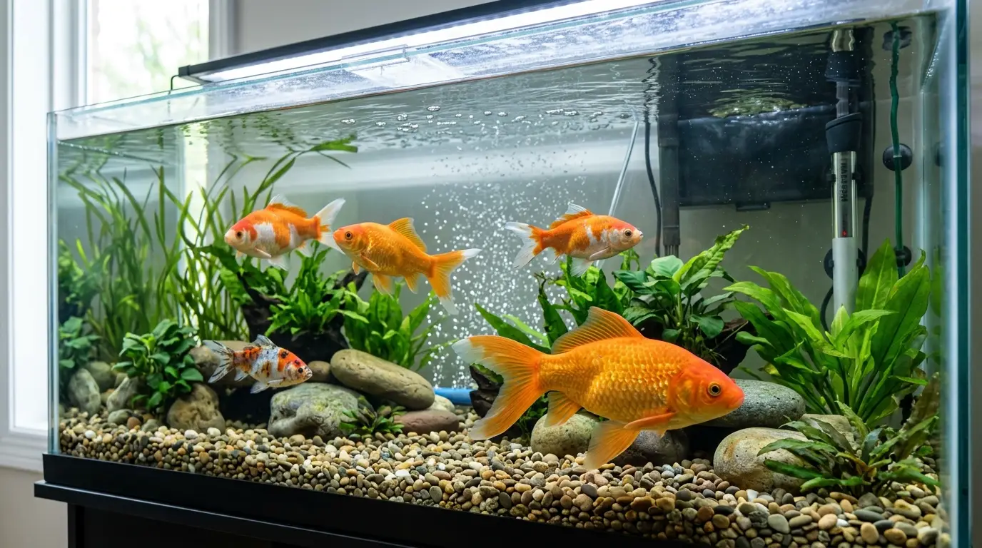 Adult goldfish swimming in a spacious filtered aquarium with strong aeration, smooth decor, aquatic plants, and open swimming space.