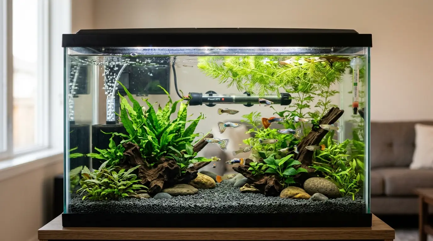 A mature, stable 10–20 gallon guppy aquarium with healthy colorful fish, lush plants, gentle filtration, and crystal-clear water.