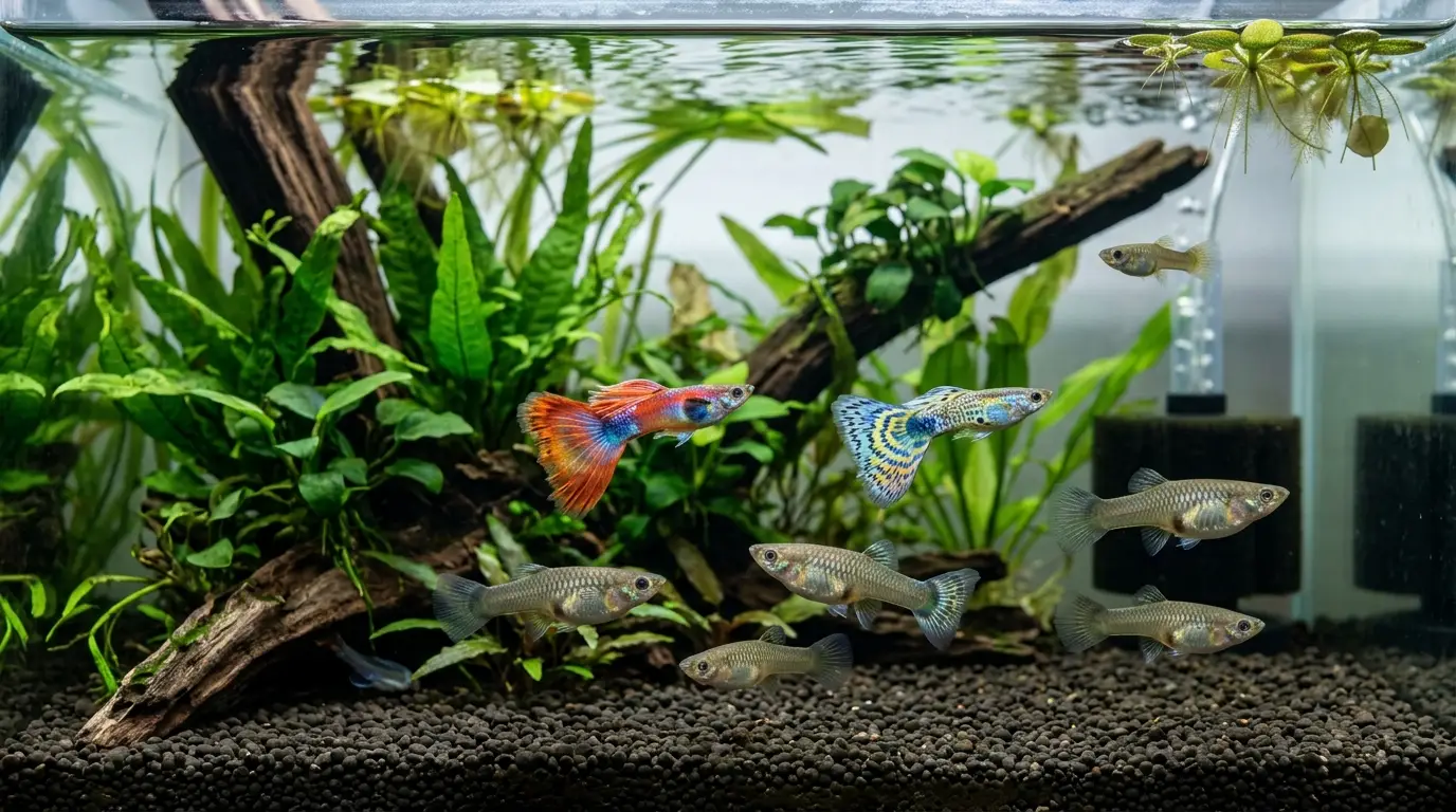 Healthy male and female guppies swimming through a mature planted freshwater aquarium