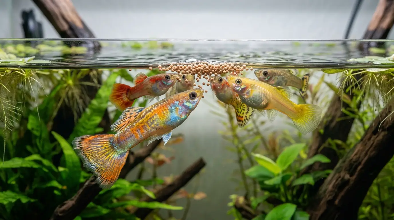 Healthy guppies feeding on a small amount of aquarium food in a clean planted freshwater tank.