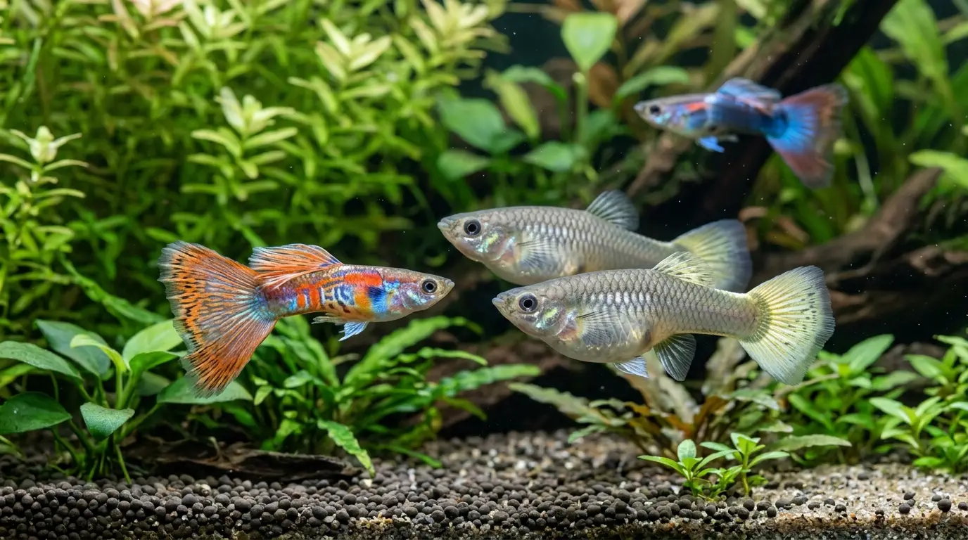 Male and female guppies showing natural differences in size, body shape, and fin development