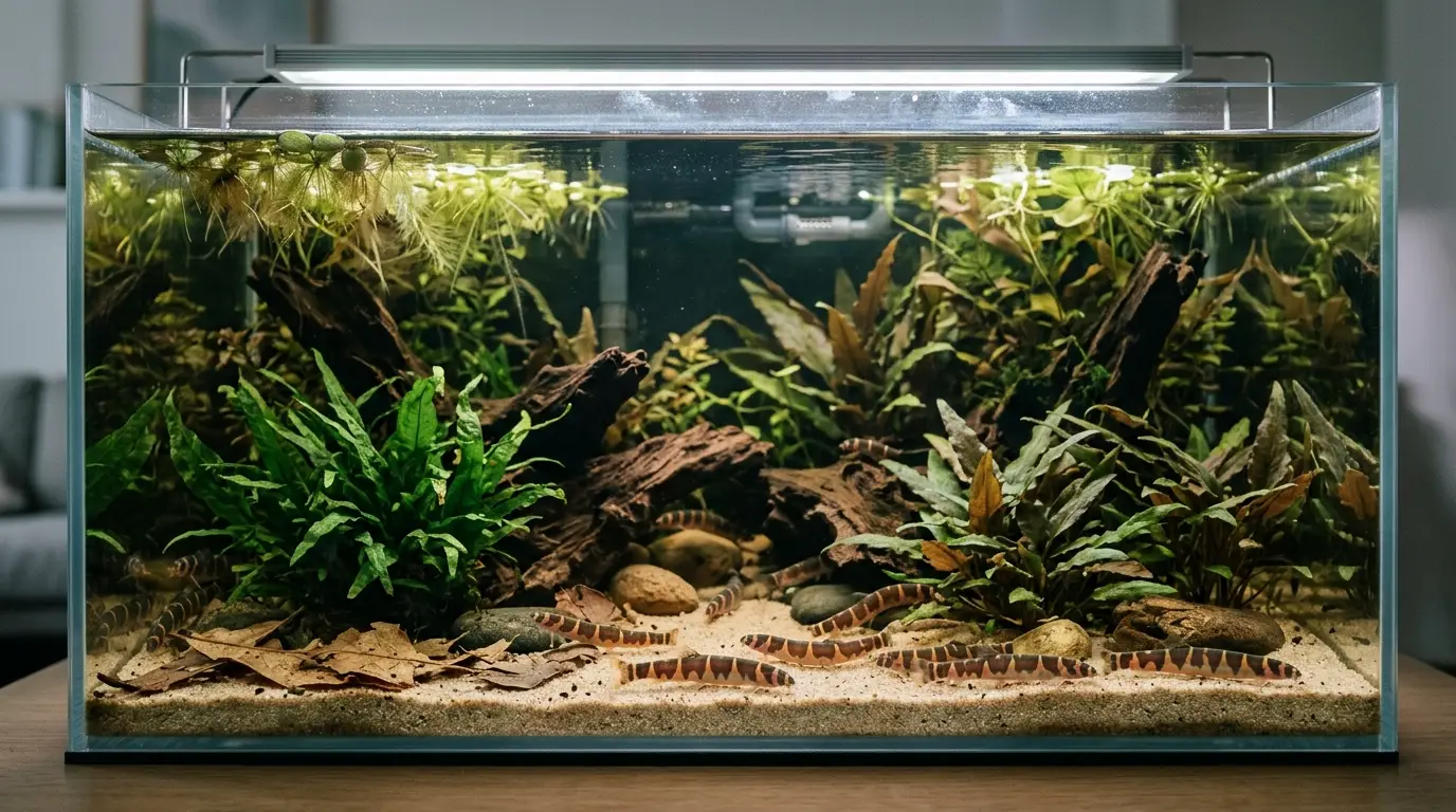 Healthy group of kuhli loaches exploring fine sand and natural hiding places in a stable planted freshwater aquarium.