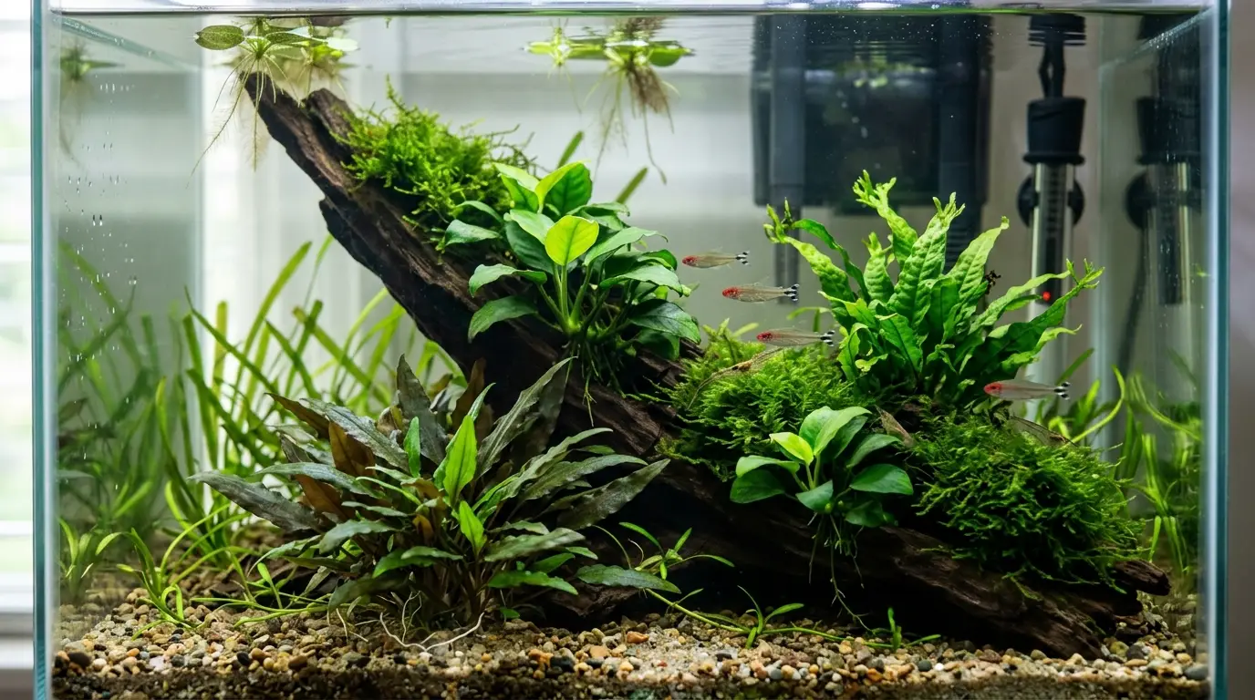 A mature planted aquarium showing healthy new growth from hardy low-maintenance plants after consistent care.