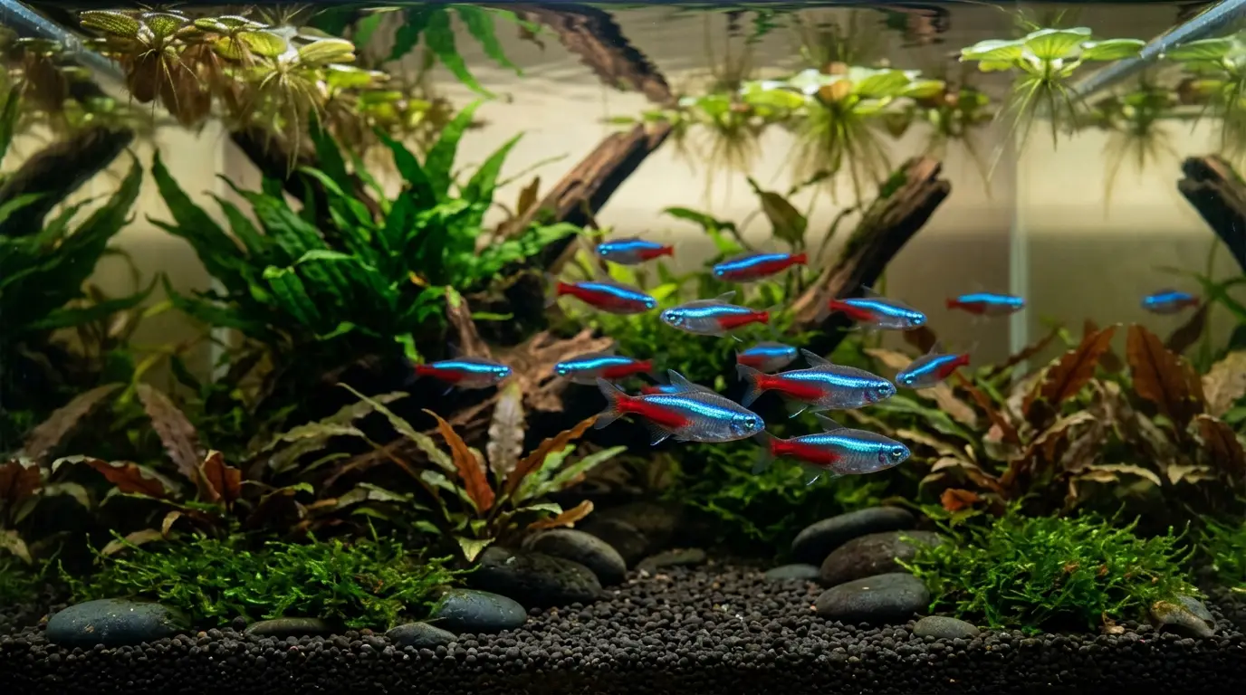 Healthy neon tetras displaying strong color and active behavior in a clean, stable, planted aquarium.