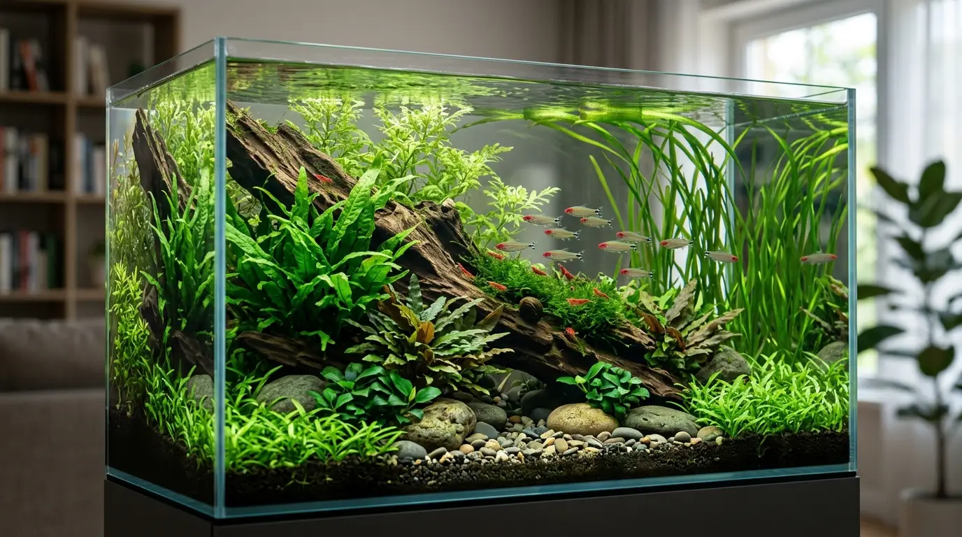 A mature planted aquarium with healthy aquatic plants, clear water, balanced lighting, peaceful fish, and minimal algae.