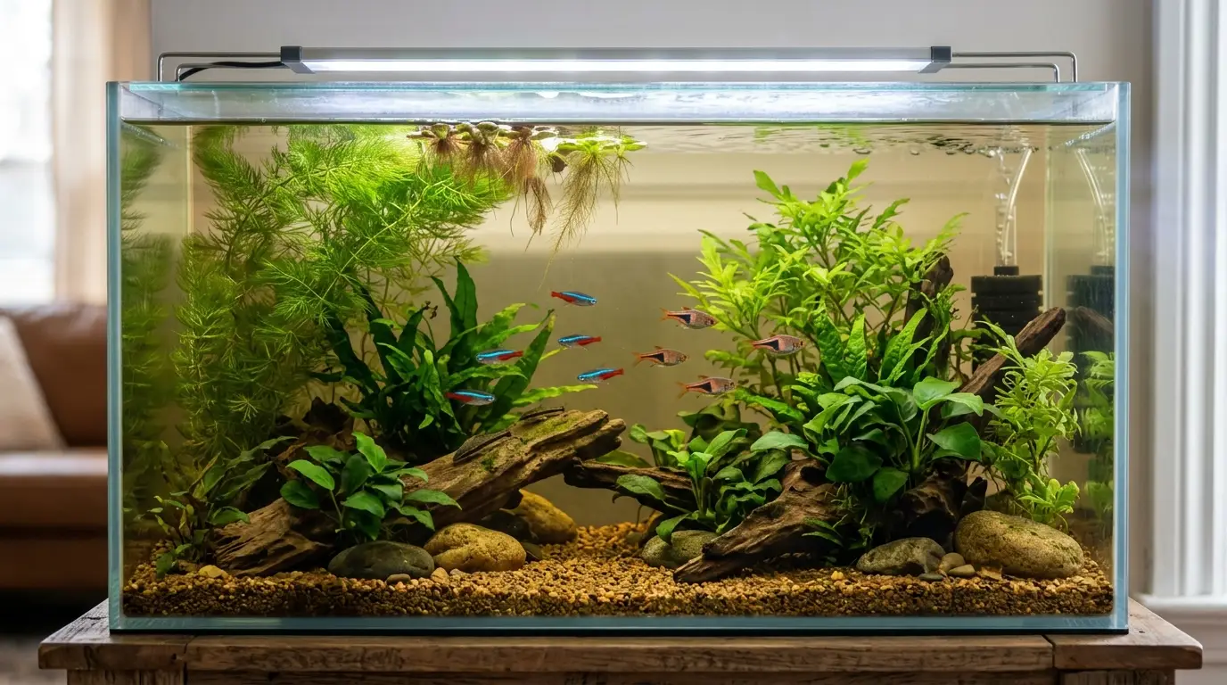 Healthy low-tech planted aquarium with balanced lighting, fast-growing plants, and clean water for algae prevention