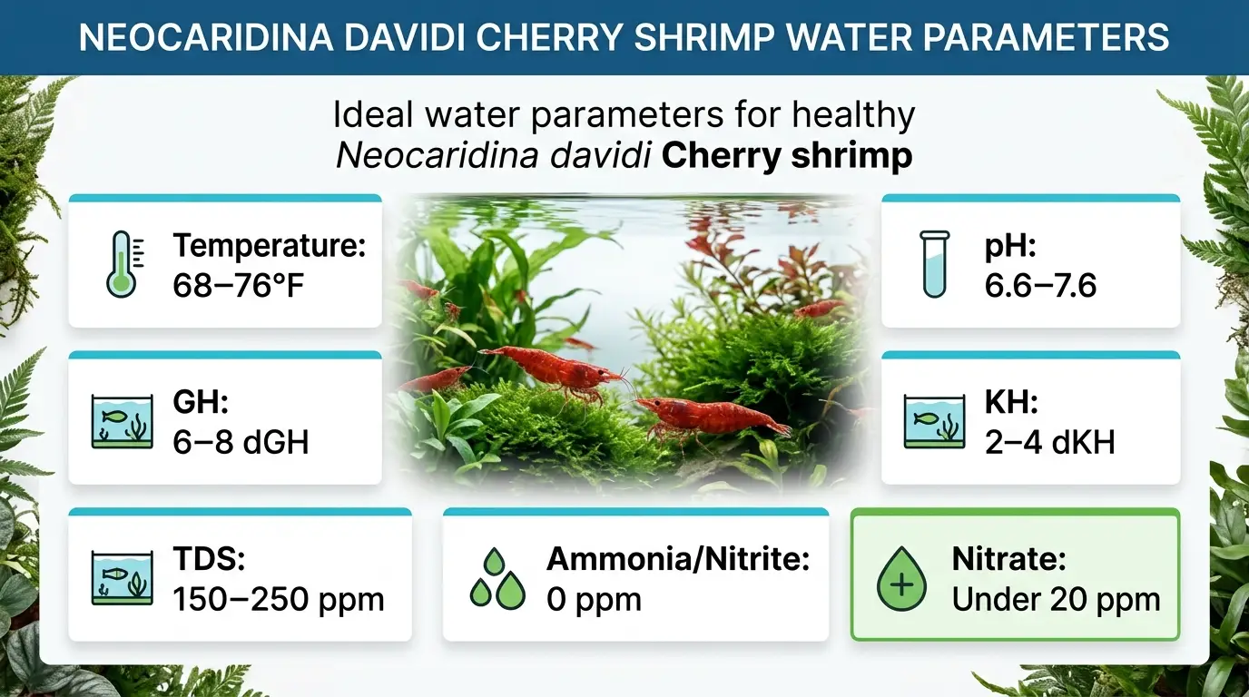 Educational graphic showing stable temperature, pH, GH, KH, TDS and nitrate targets for cherry shrimp