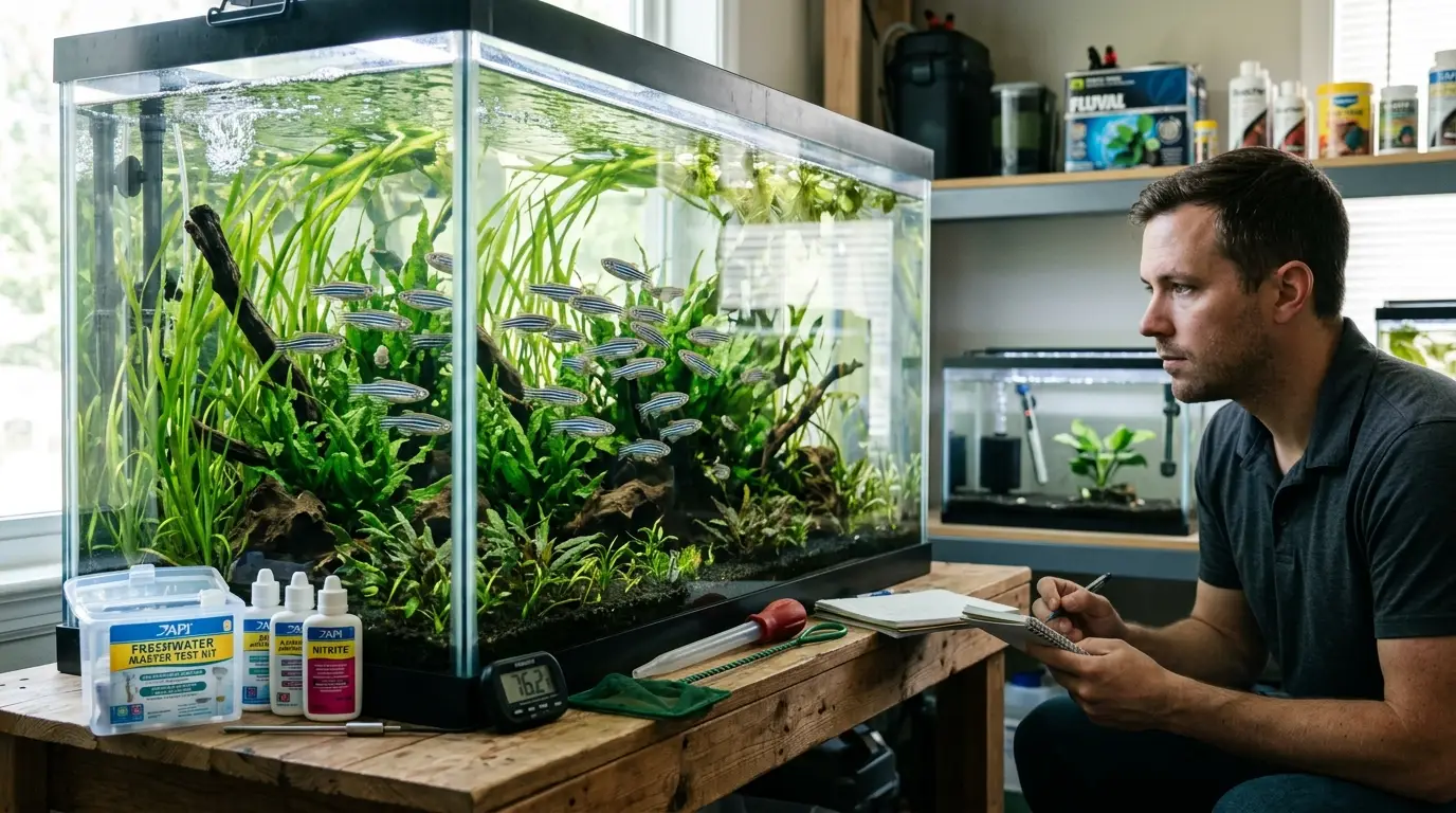 Healthy zebra danios swimming in clean water while an aquarist monitors aquarium health and maintenance.