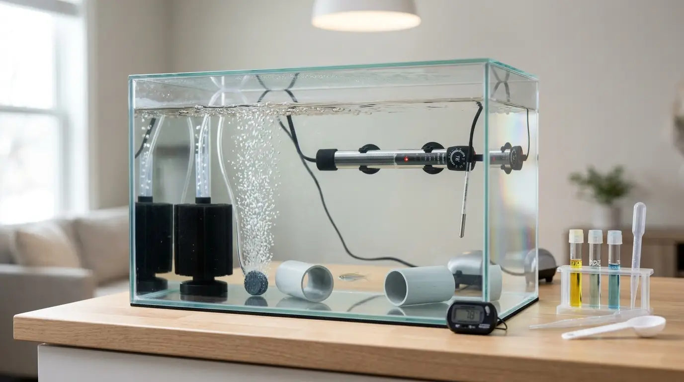 A practical 10–20 gallon freshwater hospital tank equipped with a sponge filter, heater, air stone, thermometer, hiding tube, and secure lid.