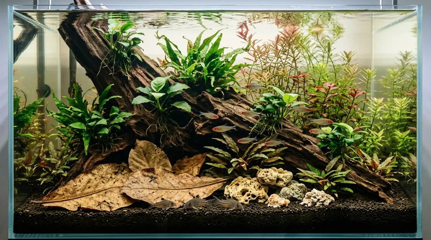 Freshwater aquascape with driftwood, leaves, rocks, active substrate, and healthy plants influencing aquarium water chemistry