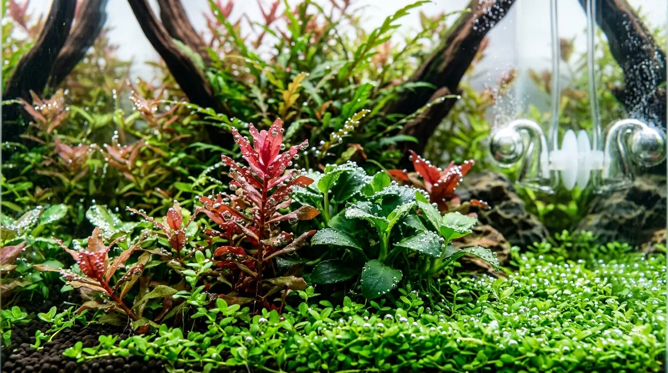 Healthy aquatic plants pearling with oxygen bubbles inside a CO2-injected planted aquarium.