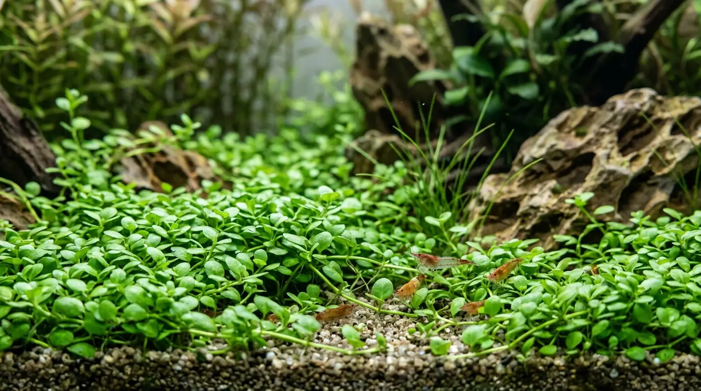 Close-up realistic view of a healthy aquarium carpet spreading across fine substrate beneath natural stone hardscape