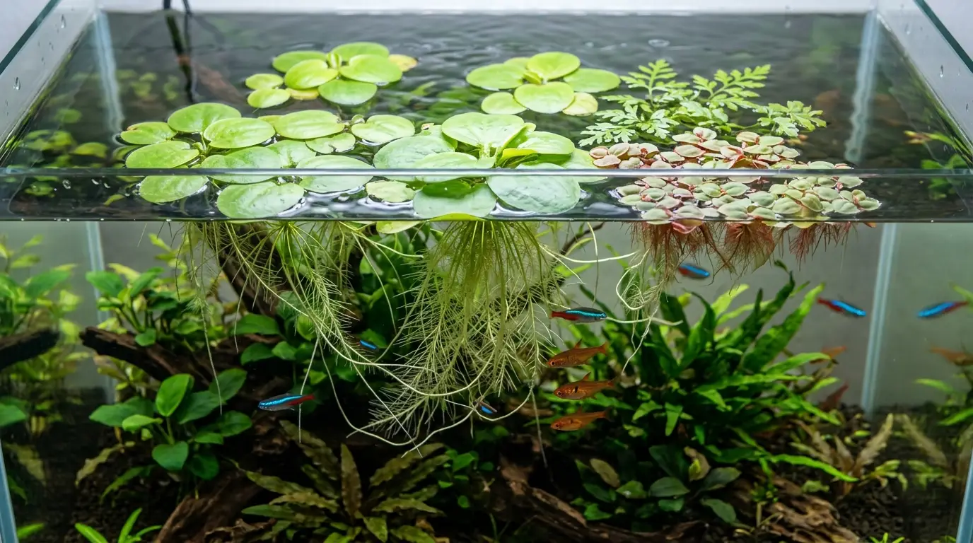 Healthy floating aquarium plants forming a natural surface canopy with long roots extending into the freshwater aquarium.