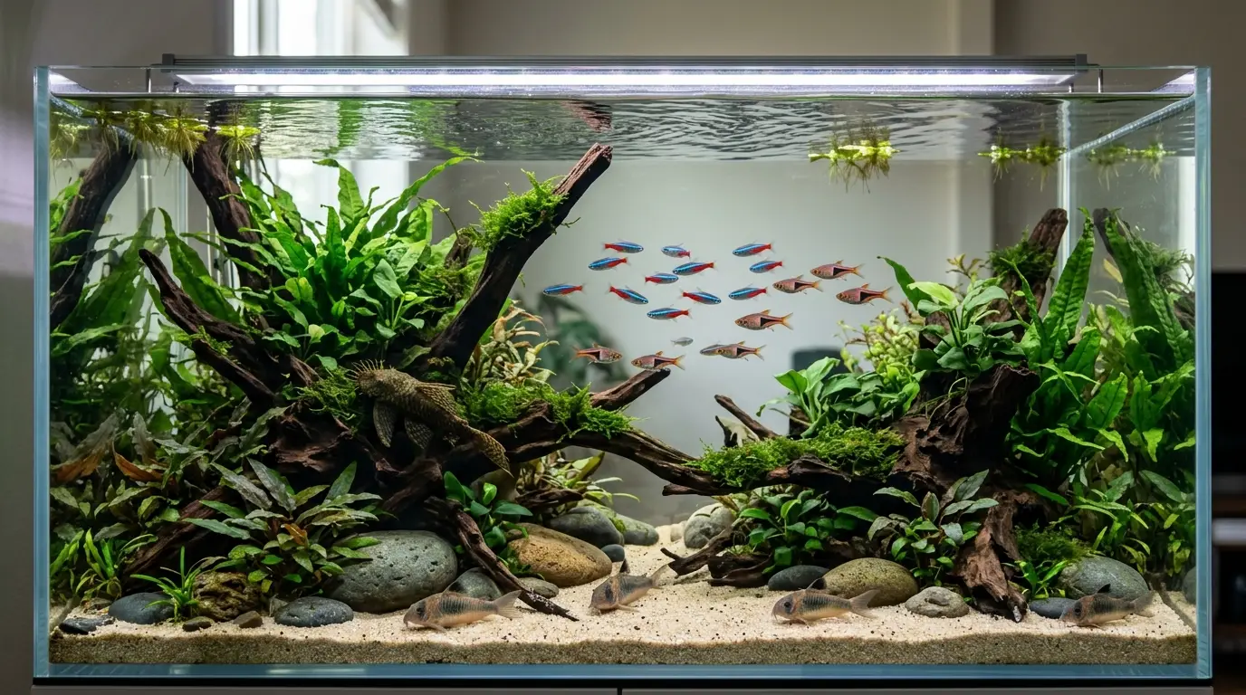 A healthy freshwater community aquarium showing different adult fish species that can tolerate short fasting periods.