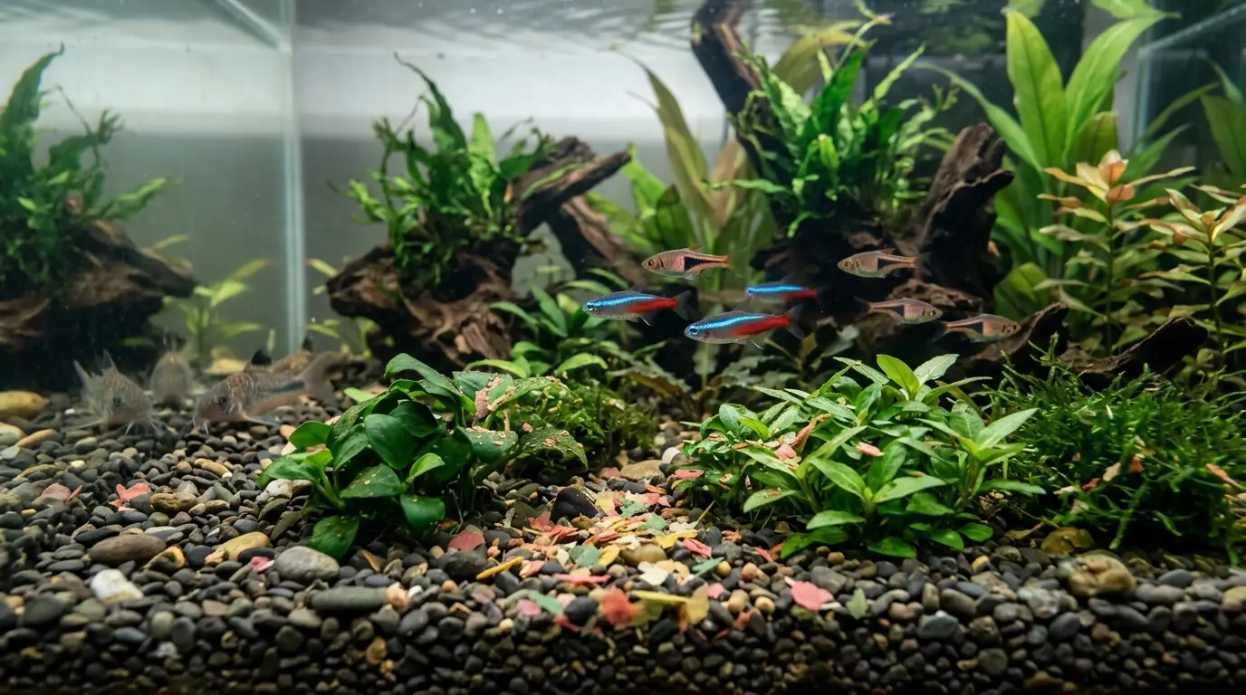 Uneaten aquarium fish food accumulating near plants and substrate in an overfed freshwater aquarium