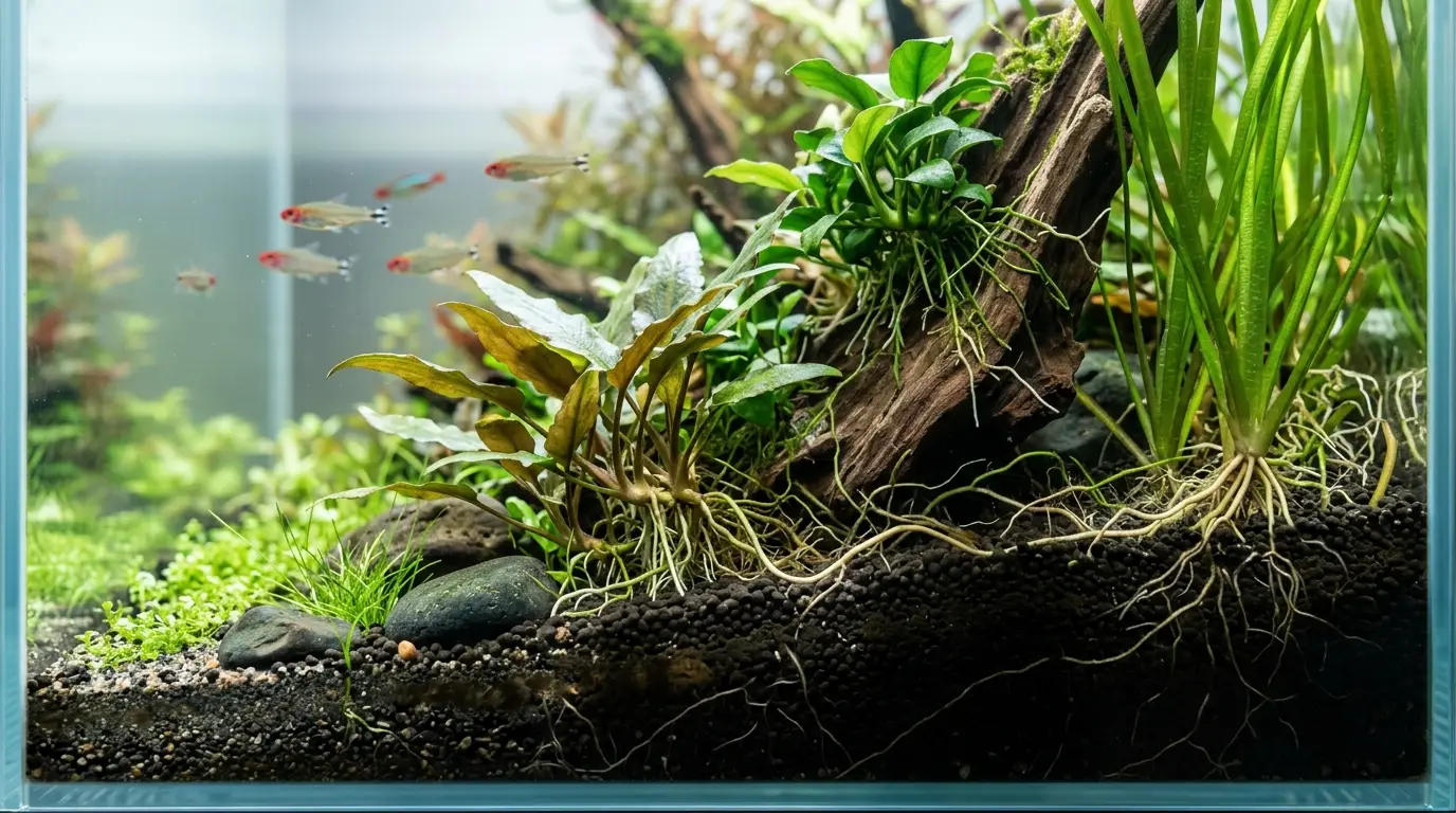 Healthy aquatic plants rooted in a deep natural substrate bed inside a freshwater planted aquarium.